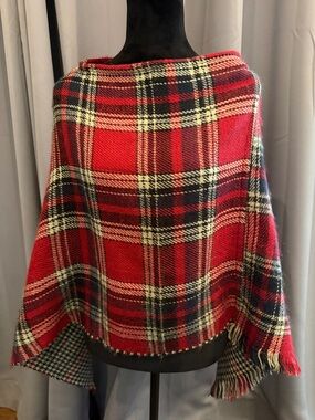 BRAND NEW Reversible Red Plaid Fringed Poncho Cape